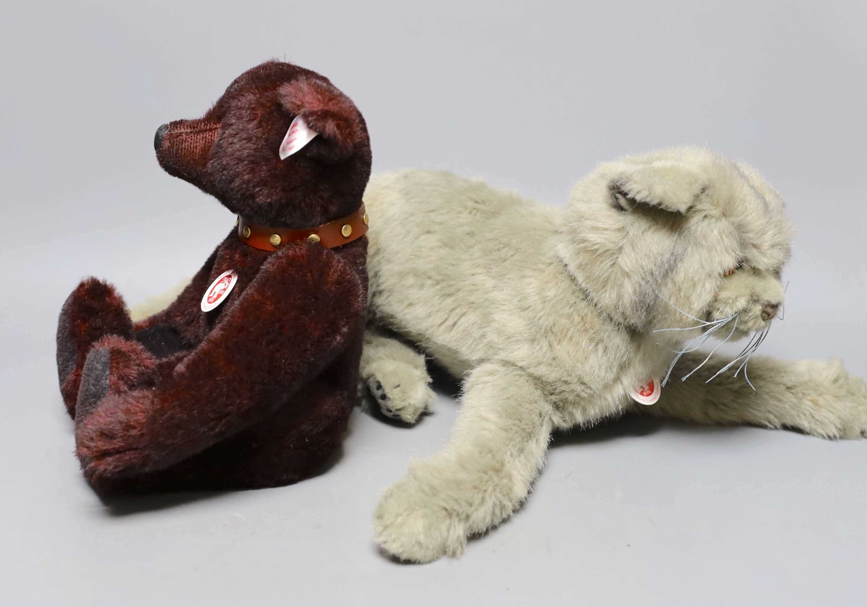 Steiff British Blue Cat with box and certificate, Limited Edition with Steiff Teddy Bear dark red Limited Edition, box and certificate, blue cat 36 cms wide.
